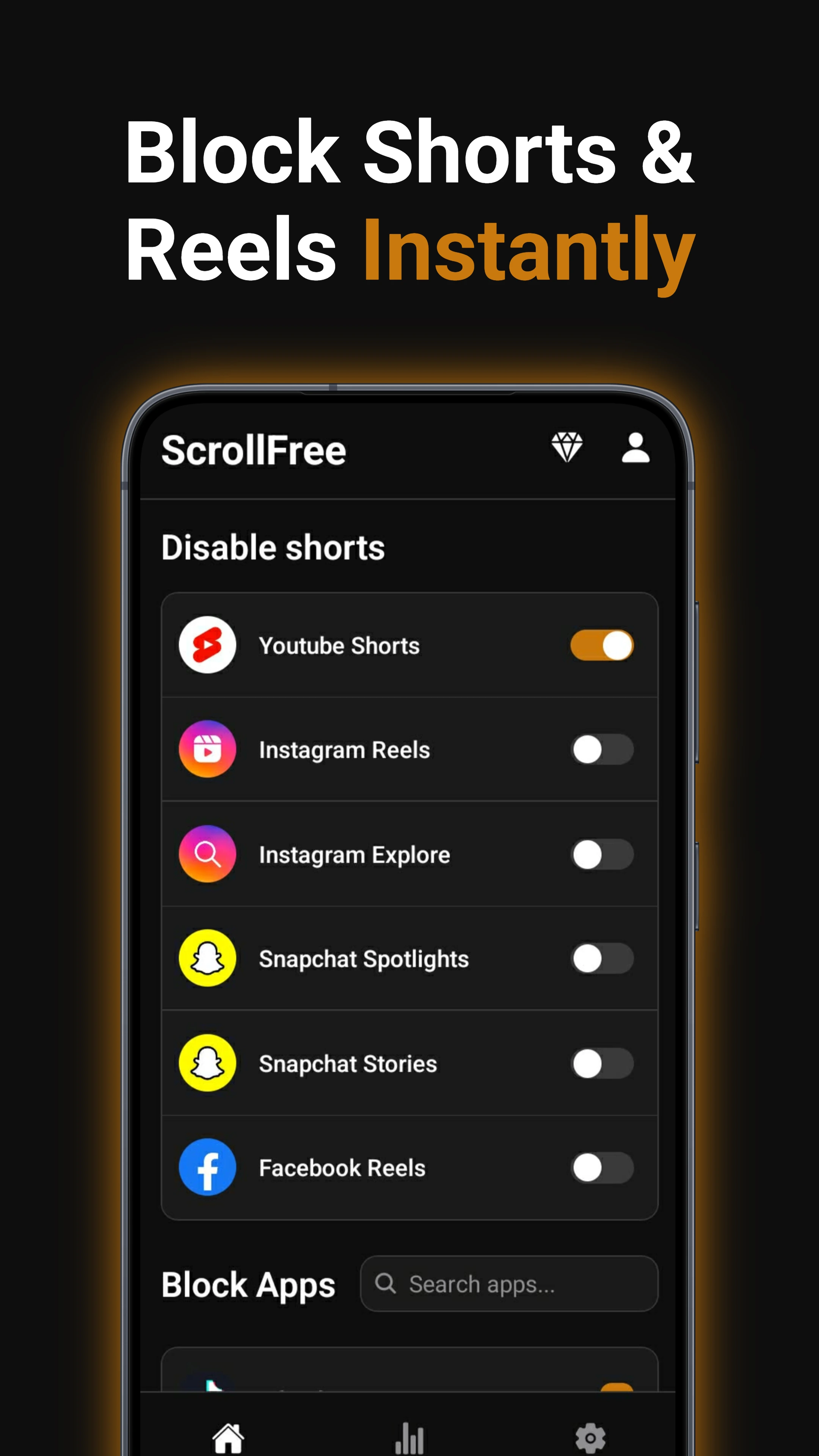 ScrollFree home screen showing Disable Shorts toggles